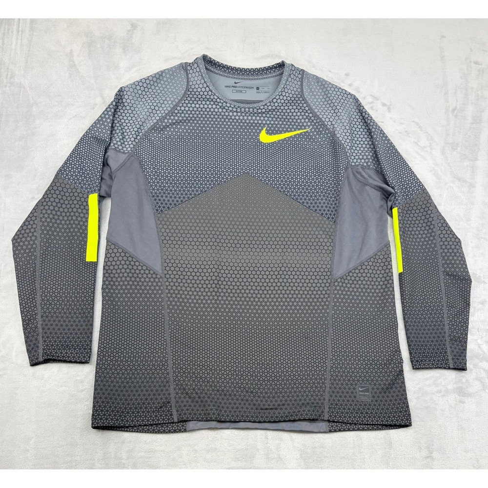 Nike Pro Shirt Mens 2XL Fitted Hyperwarm Long Sleeve Charcoal Volt Geometric